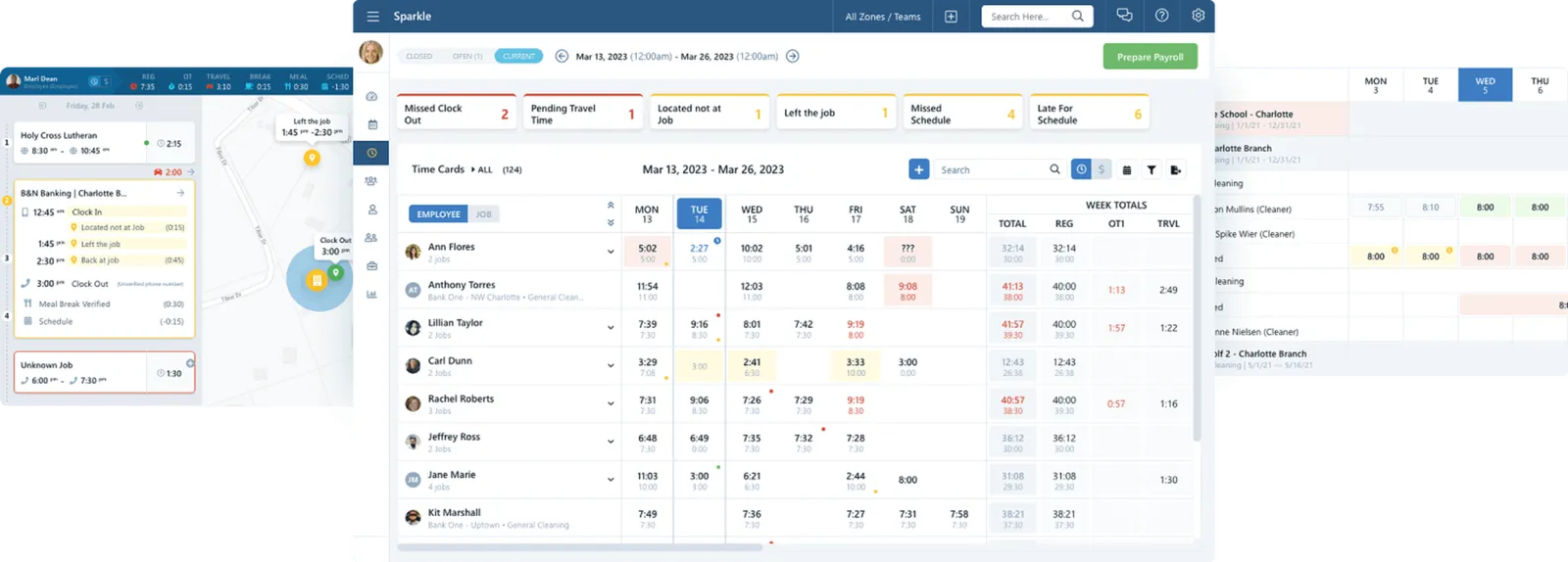 Comprehensive janitorial software interface showing mobile and desktop views of time tracking, scheduling, and team management for commercial cleaning businesses